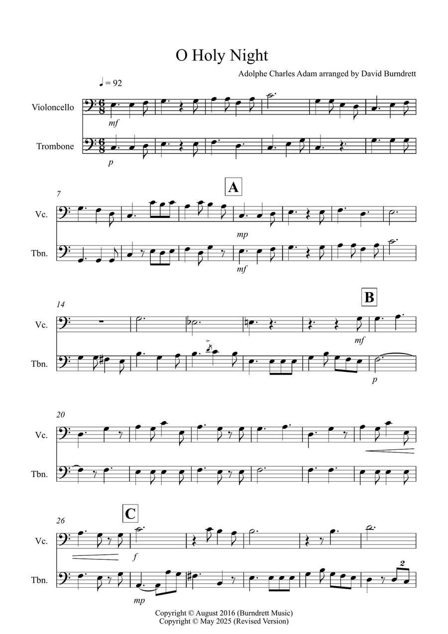 O Holy Night for Cello and Trombone Duet Trombone Duet scores gallery preview page 1