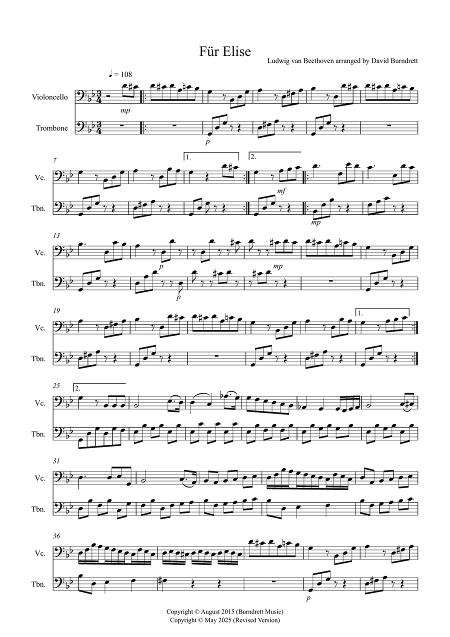 Fur Elise for Cello and Trombone Duet Trombone Duet scores gallery preview page 1