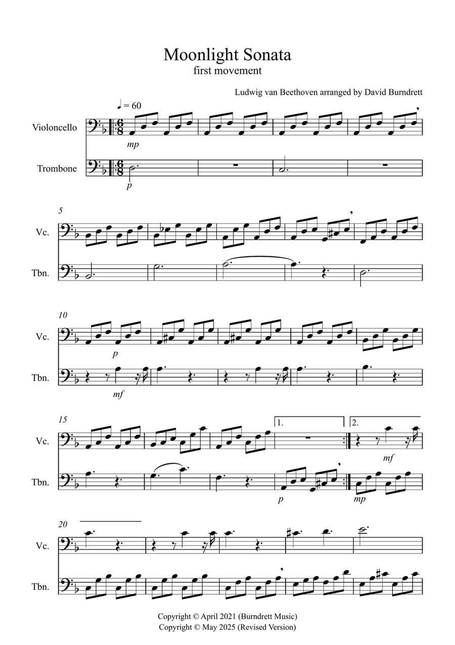 Moonlight Sonata for (1st movement) for Cello and Trombone Duet Trombone Duet scores gallery preview page 1