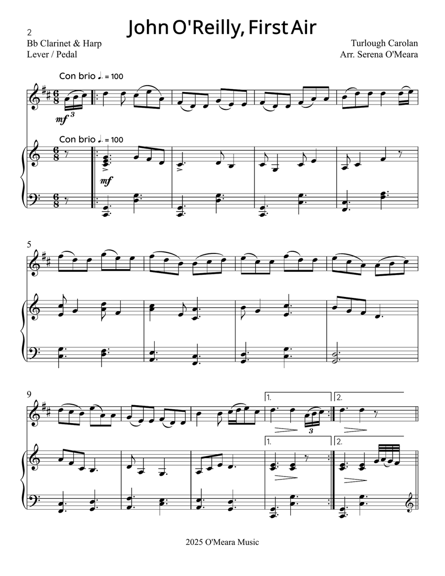 John O’Reilly, First Air, Duet for Bb Clarinet & Harp B-Flat Clarinet scores gallery preview page 2