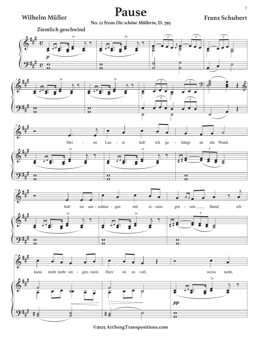 SCHUBERT: Pause, D. 795 no. 12 (transposed to A major) Piano, Vocal scores gallery preview page 2
