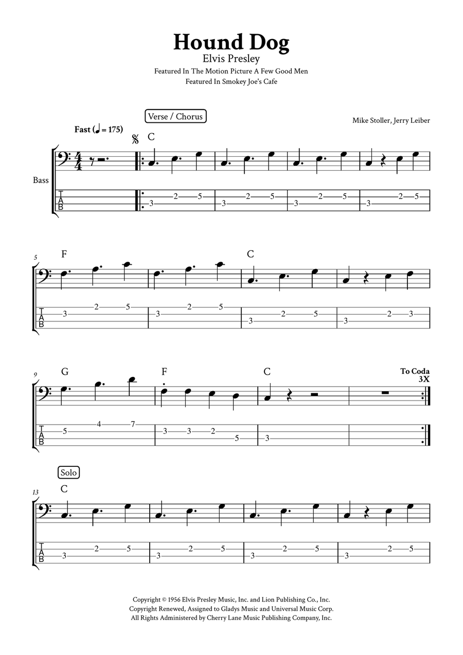 Hound Dog Hound Dog Bass Guitar Tablature scores gallery preview page 1