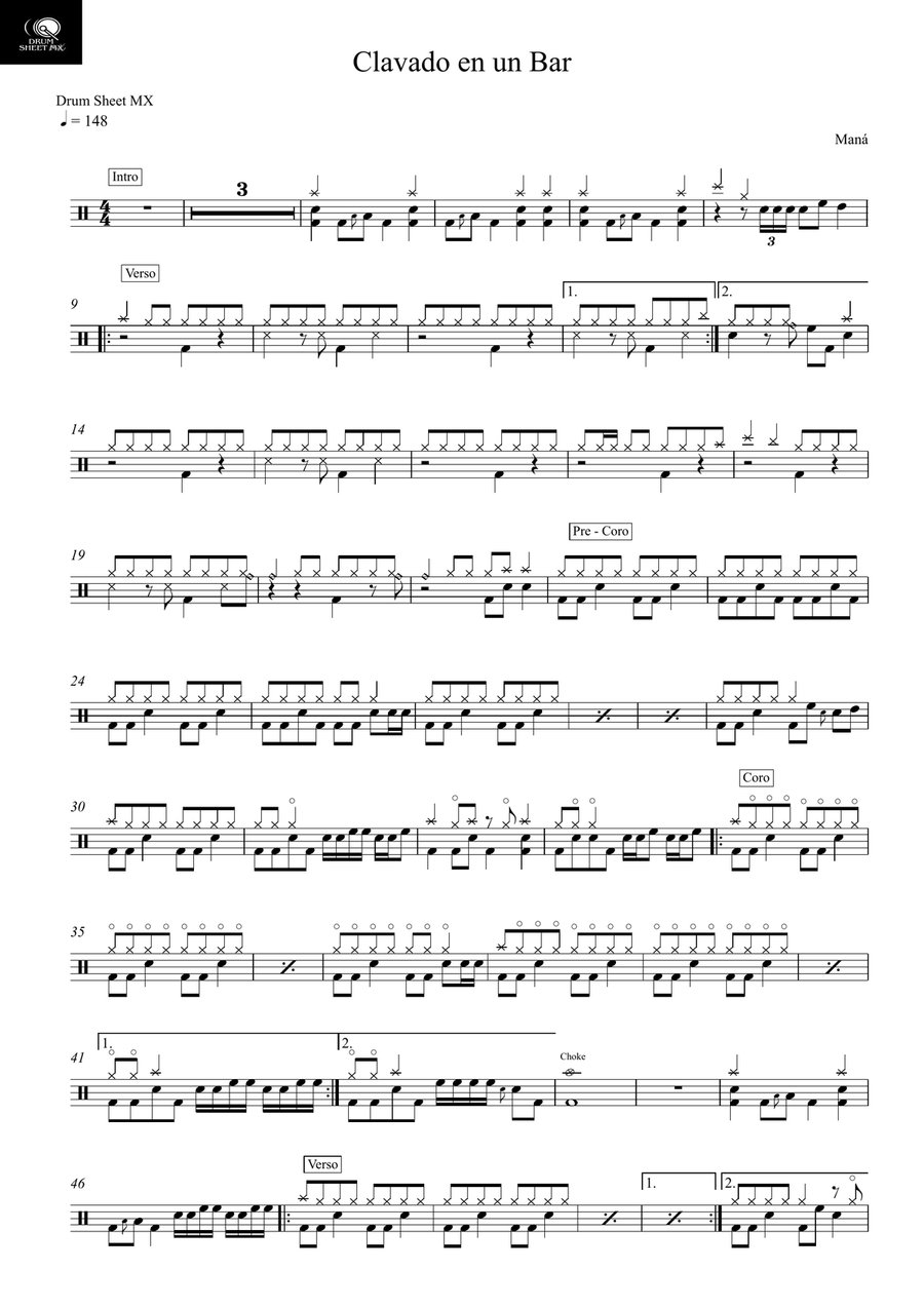 Clavado En Un Bar Clavado En Un Bar Drum Set scores gallery preview page 1