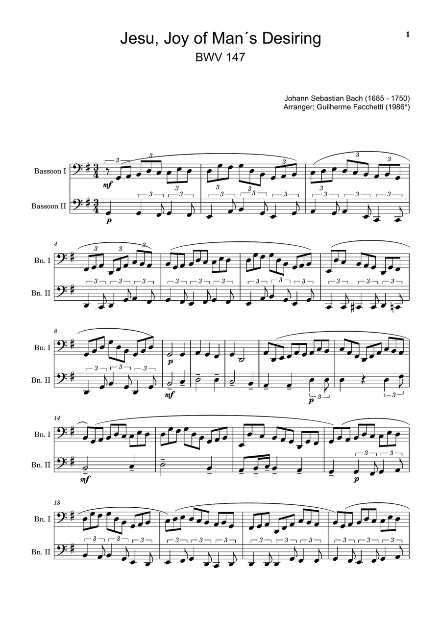 J. S. Bach - Jesu, Joy of Man´s Desiring. Bassoon Duet. Woodwind Duet scores gallery preview page 1