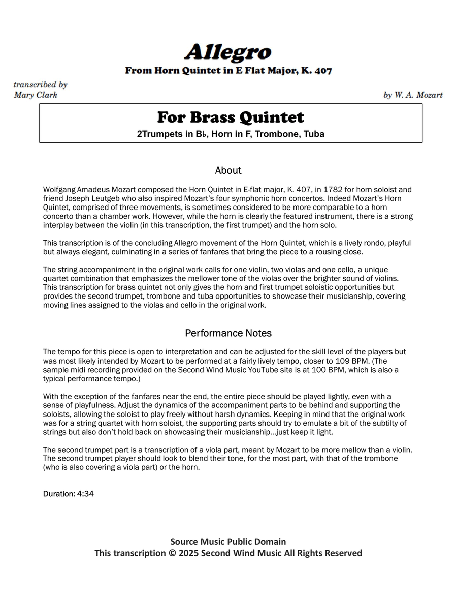 Allegro from Mozart Horn Quintet in E Flat Brass Quintet scores gallery preview page 2