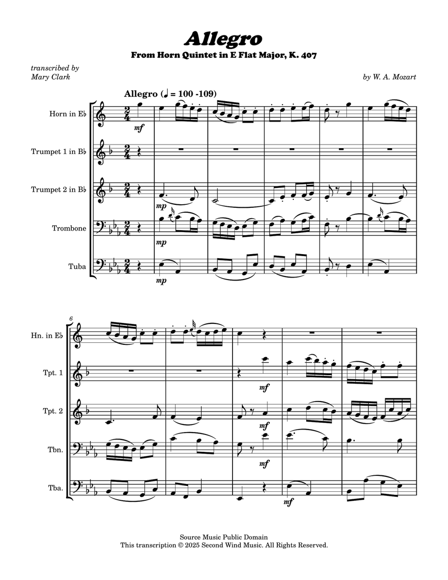 Allegro from Mozart Horn Quintet in E Flat Brass Quintet scores gallery preview page 3