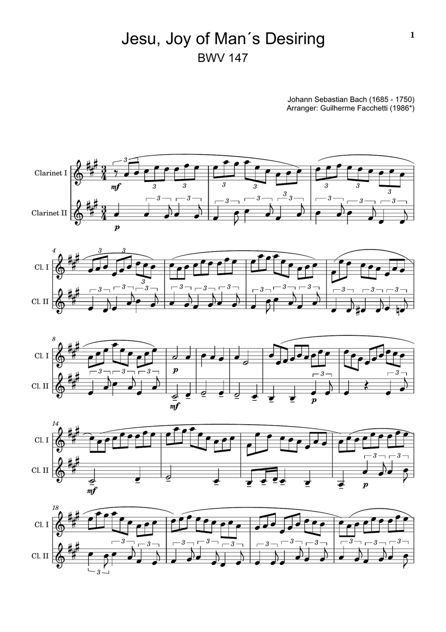 J. S. Bach - Jesu, Joy of Man´s Desiring. Clarinet Duet. Clarinet Duet scores gallery preview page 1