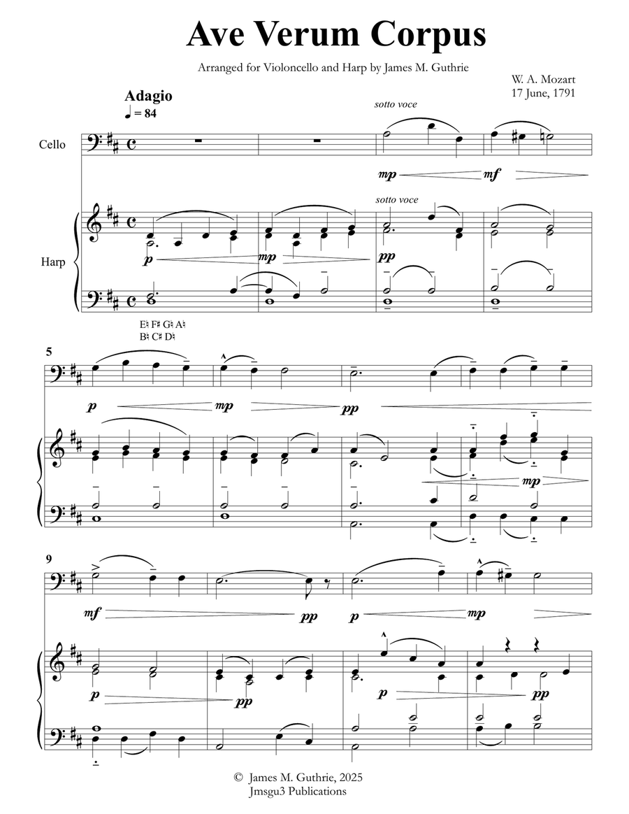 Mozart: Ave Verum Corpus for Cello & Harp String Duet scores gallery preview page 1
