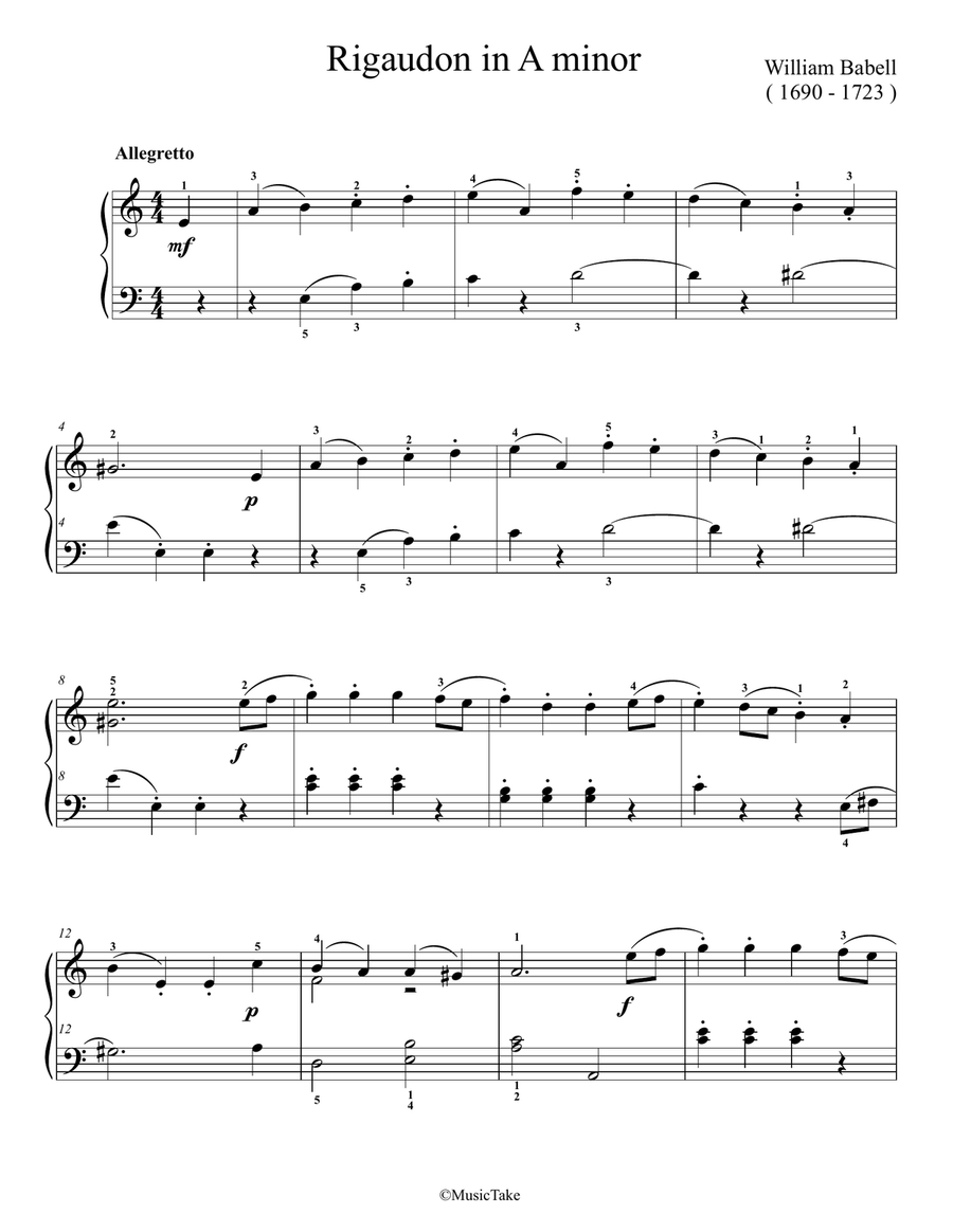 Babell Rigaudon in A minor Easy Piano scores gallery preview page 1