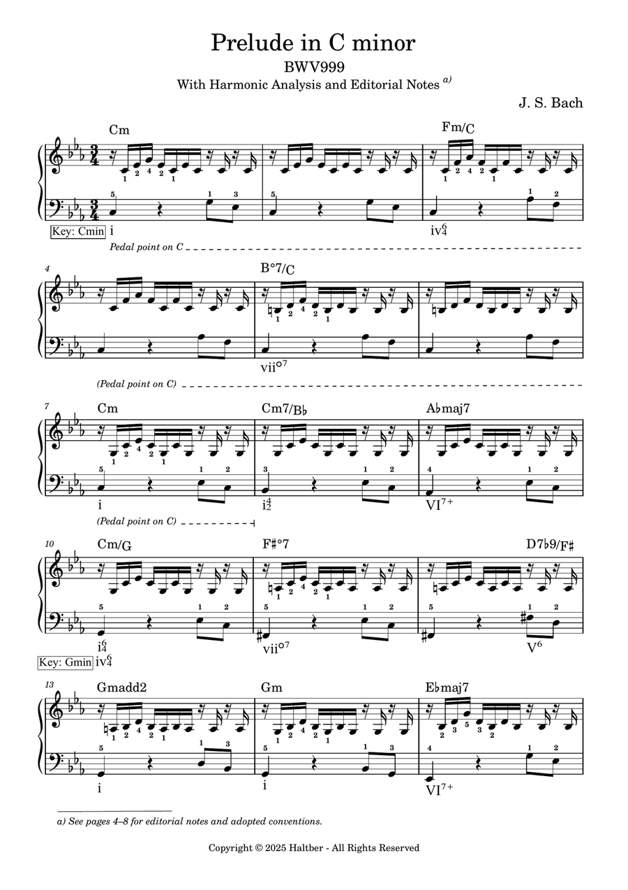 Prelude in C minor BWV 999 with Harmonic Analysis and Chord Notation Piano Method scores gallery preview page 1