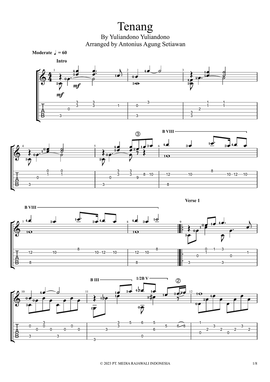 Tenang Tenang Guitar Solo scores gallery preview page 1