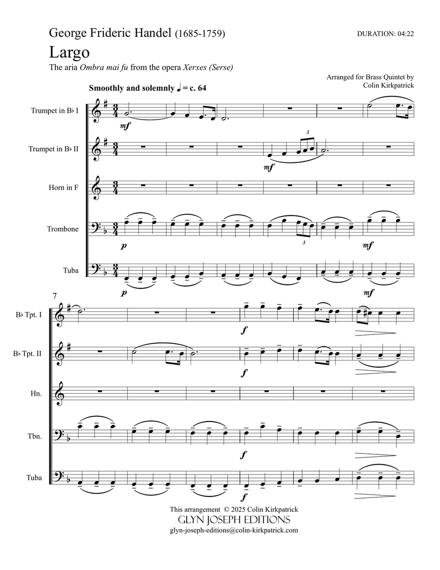 Handel's Largo (from Xerxes) for brass quintet Brass Quintet scores gallery preview page 3