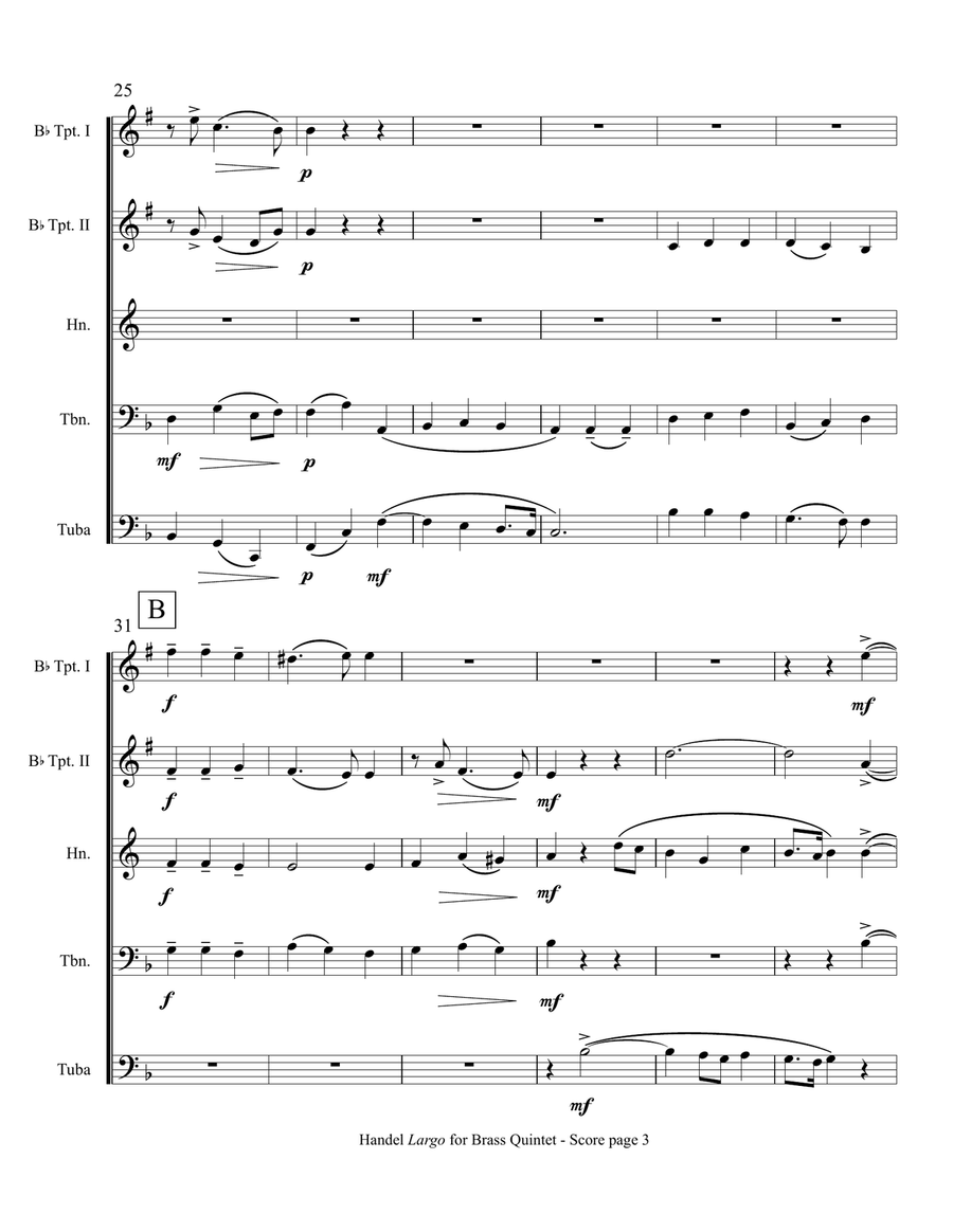 Handel's Largo (from Xerxes) for brass quintet Brass Quintet scores gallery preview page 5