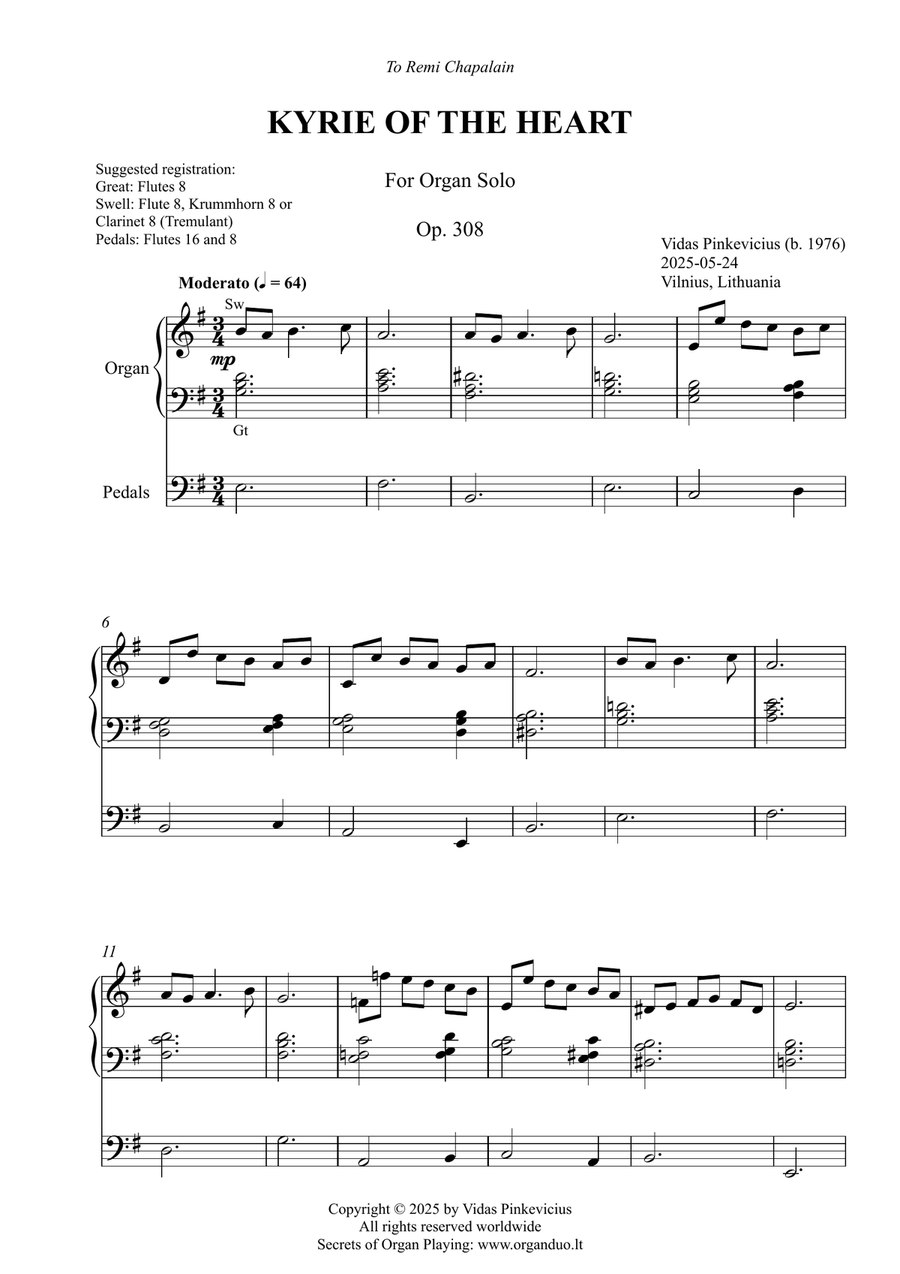 Kyrie of the Heart, Op. 308 (Organ Solo) by Vidas Pinkevicius Organ Solo scores gallery preview page 1