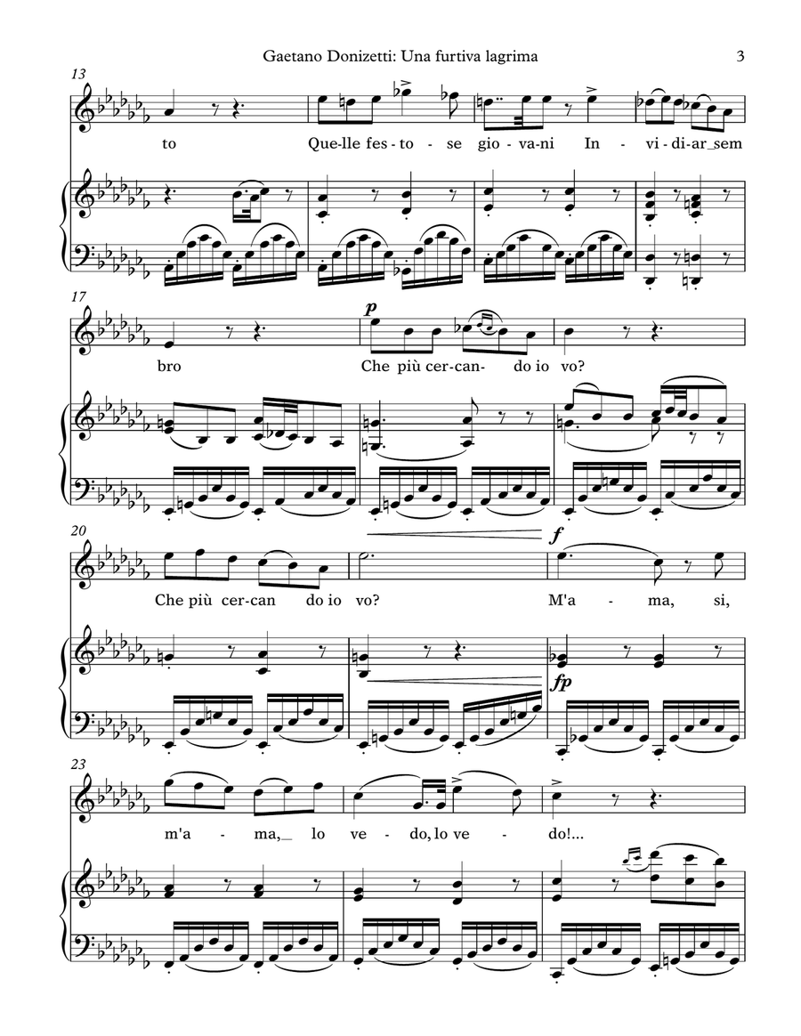 Donizetti: Una furtiva lagrima (transposed to A flat minor/major) Piano, Vocal scores gallery preview page 3