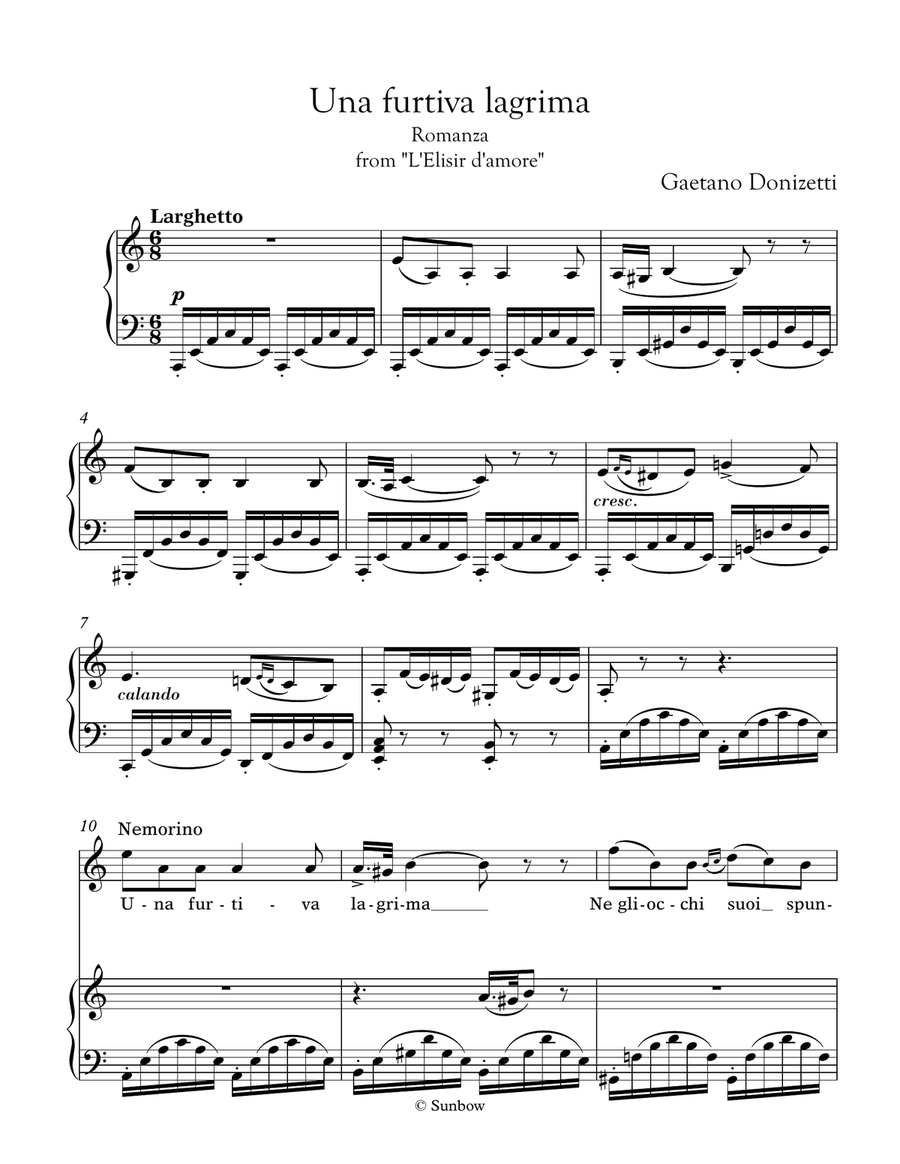 Donizetti: Una furtiva lagrima (transposed to A minor/major) Piano, Vocal scores gallery preview page 2