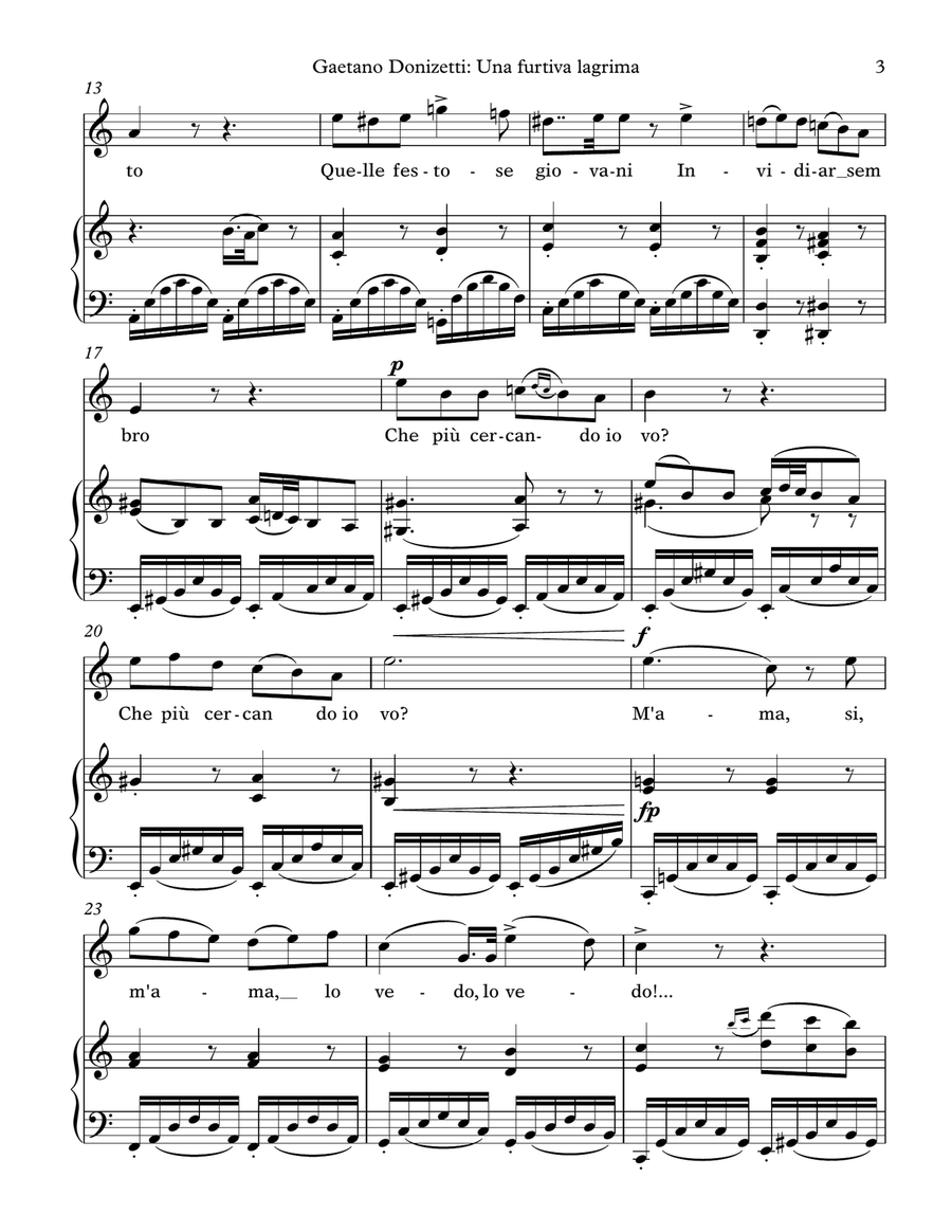 Donizetti: Una furtiva lagrima (transposed to A minor/major) Piano, Vocal scores gallery preview page 3