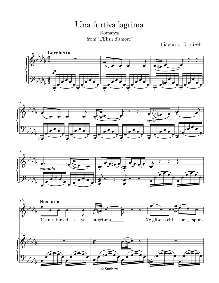 Donizetti: Una furtiva lagrima (transposed to B flat minor/major) Piano, Vocal scores gallery preview page 2