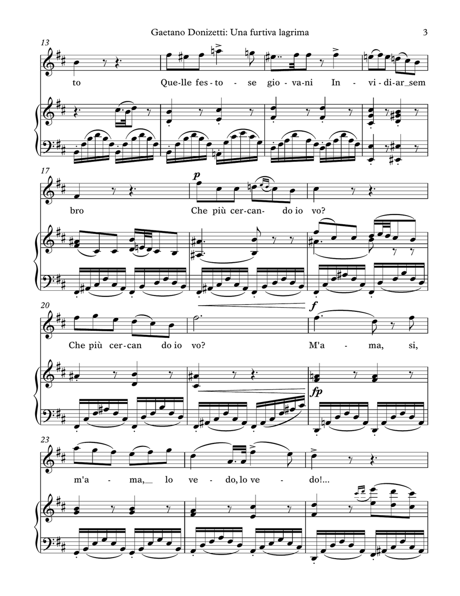 Donizetti: Una furtiva lagrima (transposed to B minor/major) Piano, Vocal scores gallery preview page 3