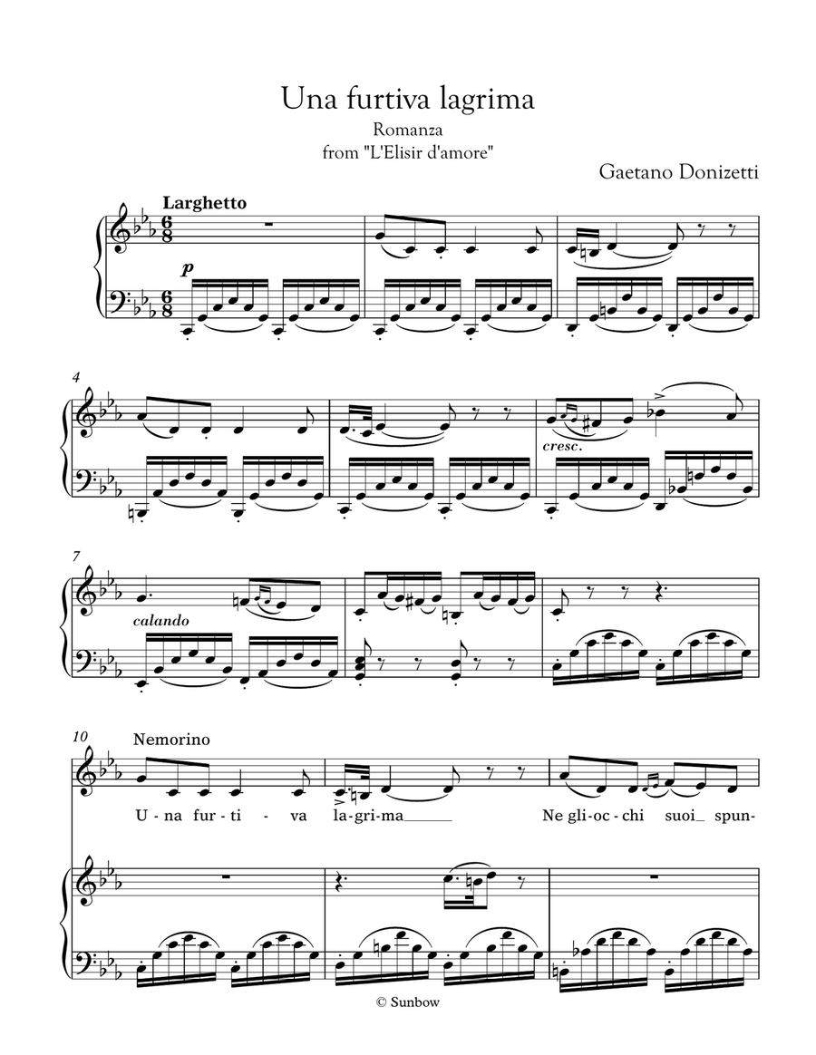 Donizetti: Una furtiva lagrima (transposed to C minor/major, low voice) Piano, Vocal scores gallery preview page 2