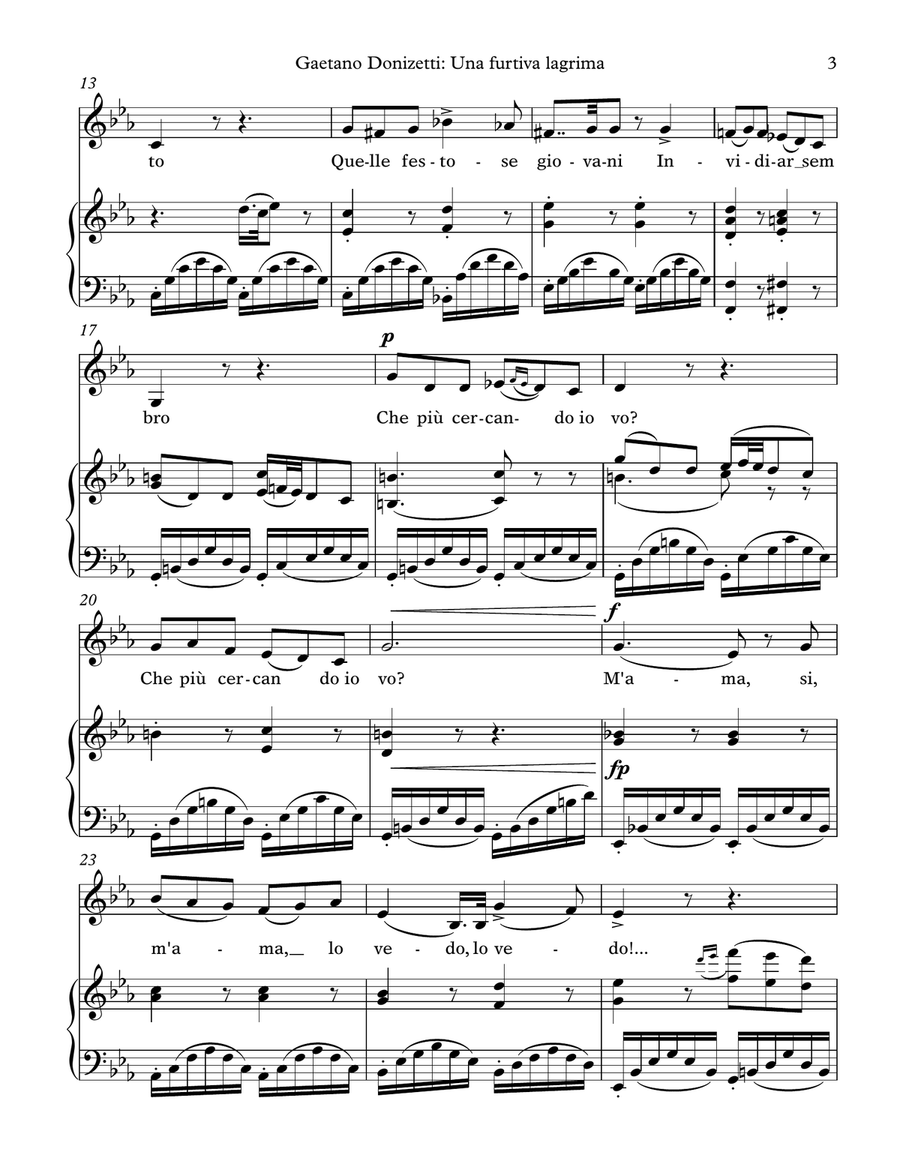 Donizetti: Una furtiva lagrima (transposed to C minor/major, low voice) Piano, Vocal scores gallery preview page 3