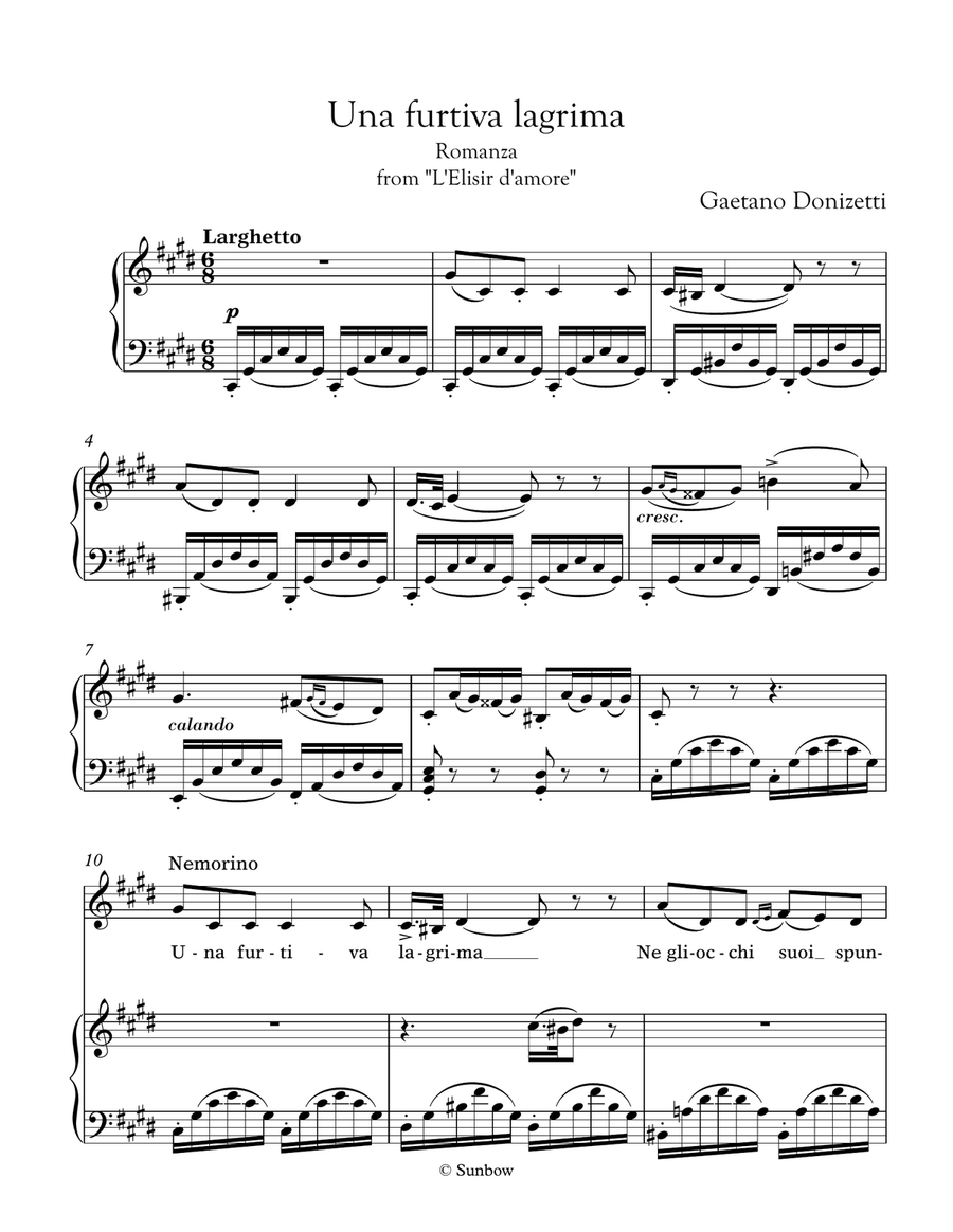 Donizetti: Una furtiva lagrima (transposed to C sharp minor/major, low voice) Piano, Vocal scores gallery preview page 2