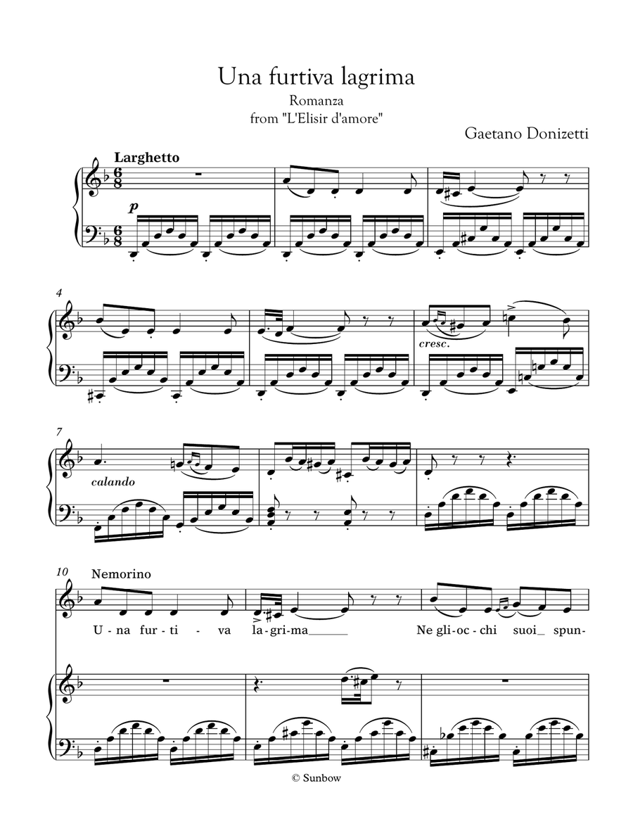 Donizetti: Una furtiva lagrima (transposed to D minor/major, low voice) Piano, Vocal scores gallery preview page 2