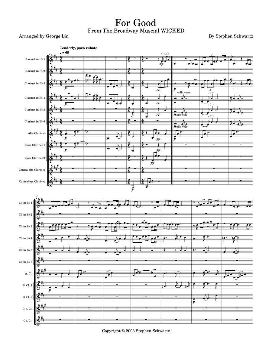 For Good Clarinet Choir scores gallery preview page 1
