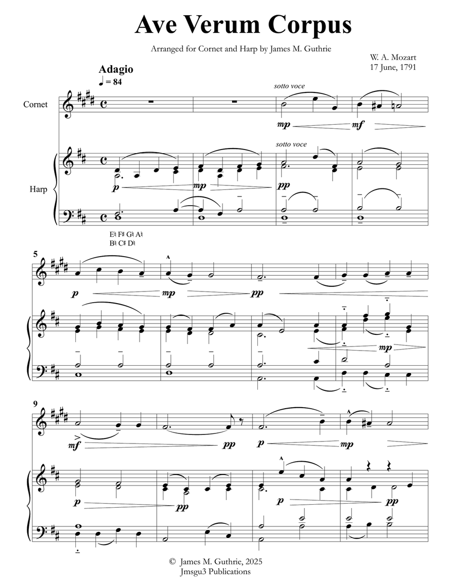 Mozart: Ave Verum Corpus for Cornet & Harp Chamber Music scores gallery preview page 1