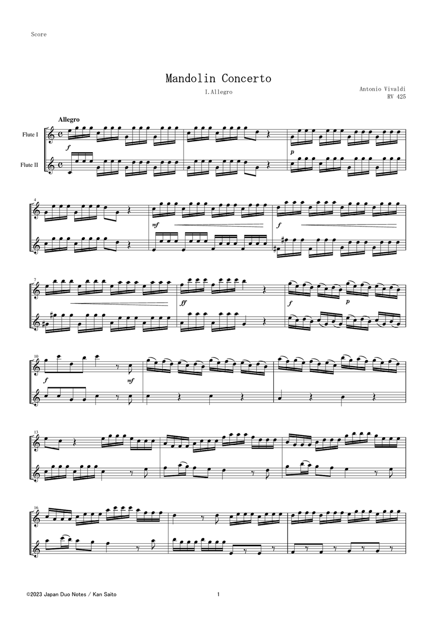 Allegro (Mandolin Concerto in C Major, R.425) / A. Vivaldi Flute Duet scores gallery preview page 1