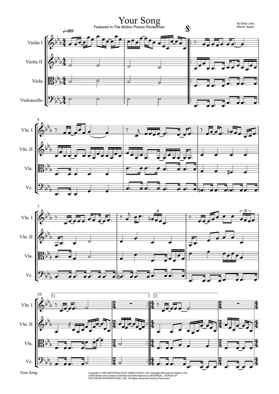 Your Song Your Song String Quartet scores gallery preview page 1