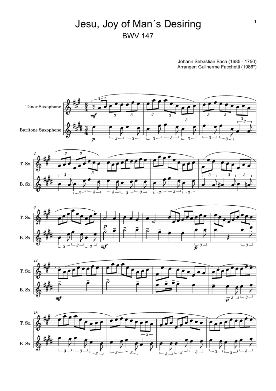 J. S. Bach - Jesu, Joy of Man´s Desiring. T. Sax. and B. Sax. Woodwind Duet scores gallery preview page 1
