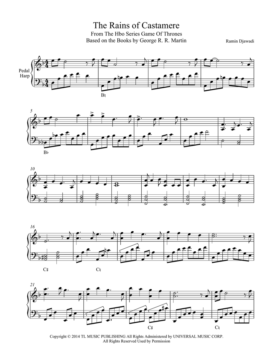 The Rains Of Castamere The Rains Of Castamere Pedal Harp scores gallery preview page 1