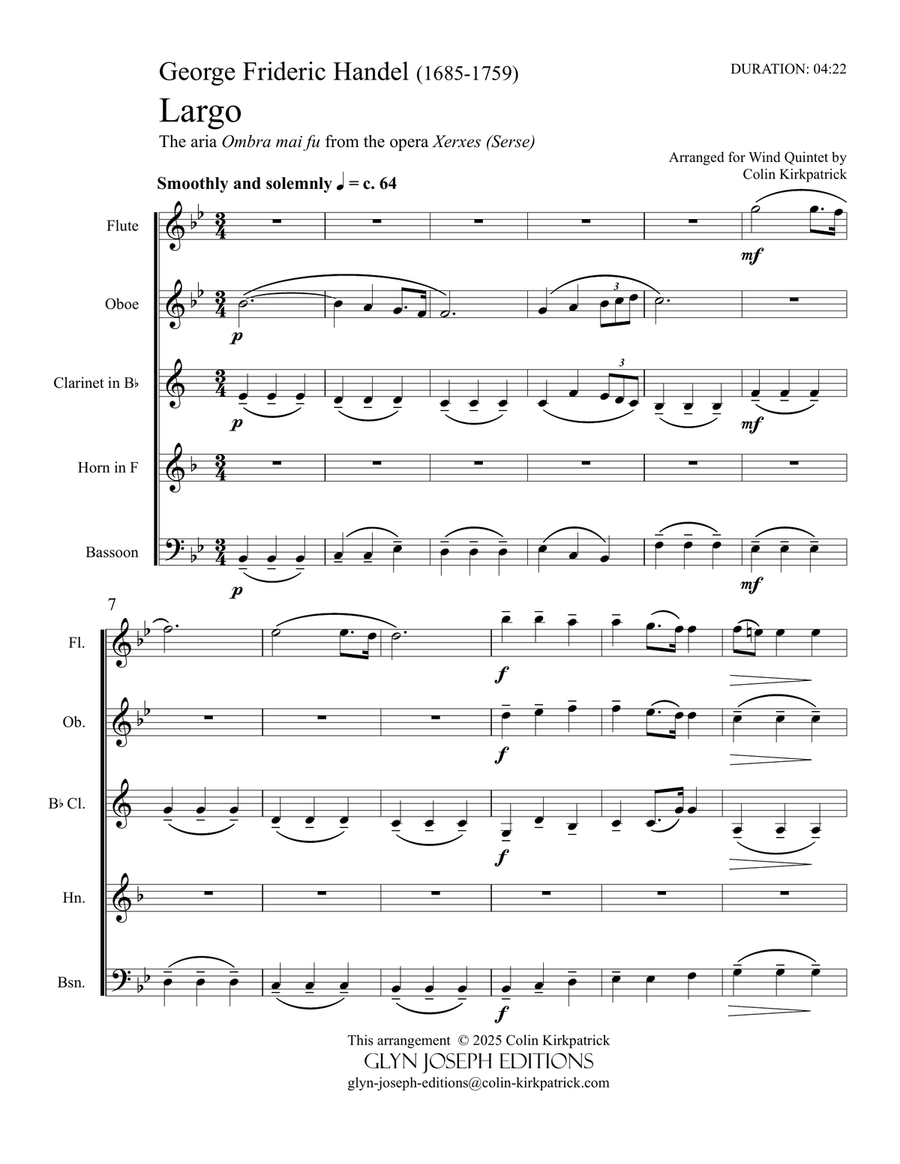 Handel's Largo (from Xerxes) for Wind Quintet Woodwind Quintet scores gallery preview page 3