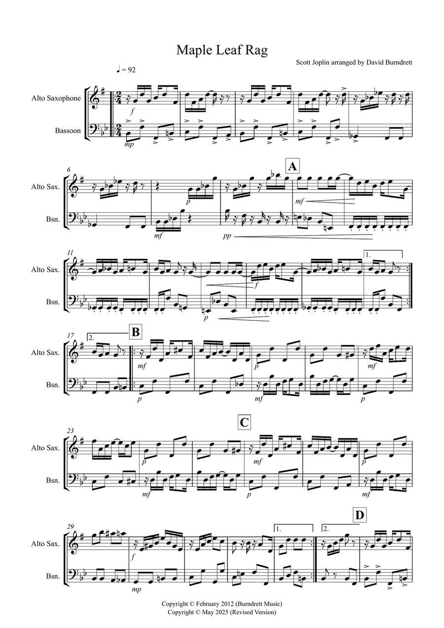 Maple Leaf Rag for Alto Saxophone and Bassoon Duet Woodwind Duet scores gallery preview page 1
