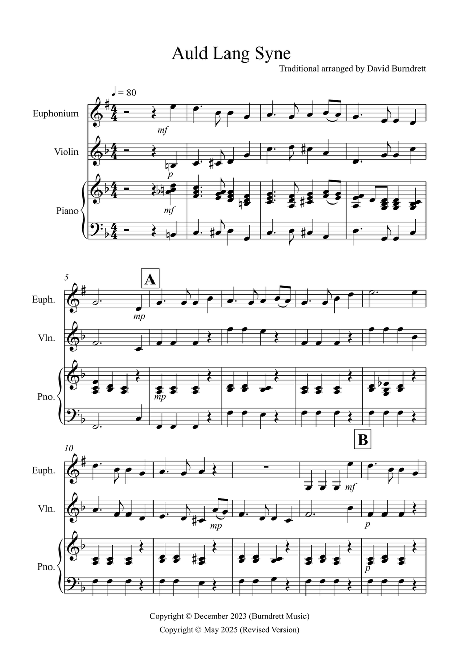 Auld Lang Syne for Euphonium and Violin Duet String Duet scores gallery preview page 1