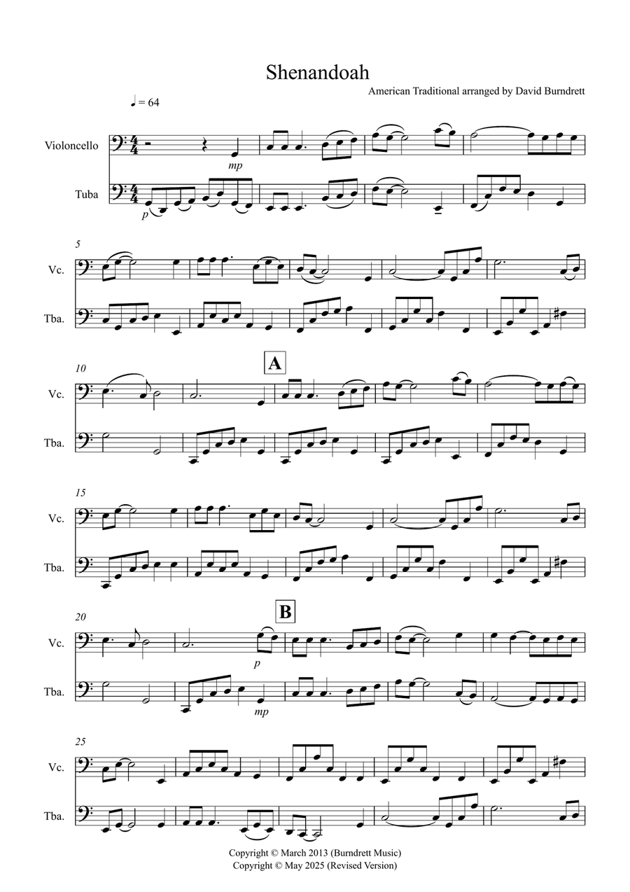 Shenandoah for Cello and Tuba Duet Tuba scores gallery preview page 1