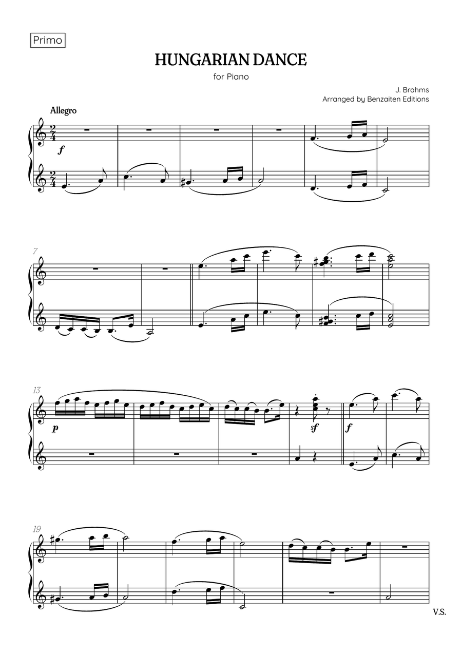 Brahms: Hungarian Dance No. 5 | piano four-hands sheet music (A minor) 1 Piano, 4-Hands scores gallery preview page 1
