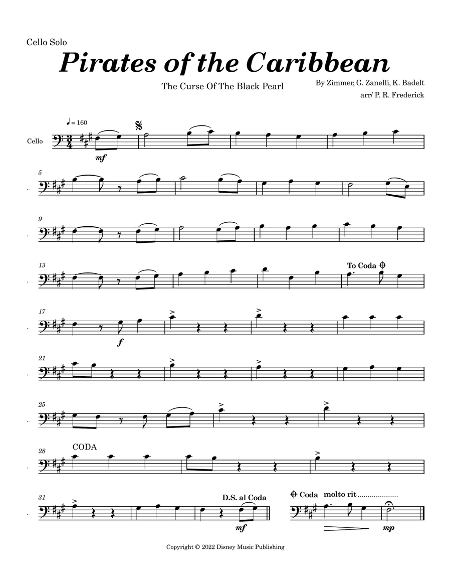 Pirates Of The Caribbean Pirates Of The Caribbean Cello Solo scores gallery preview page 1