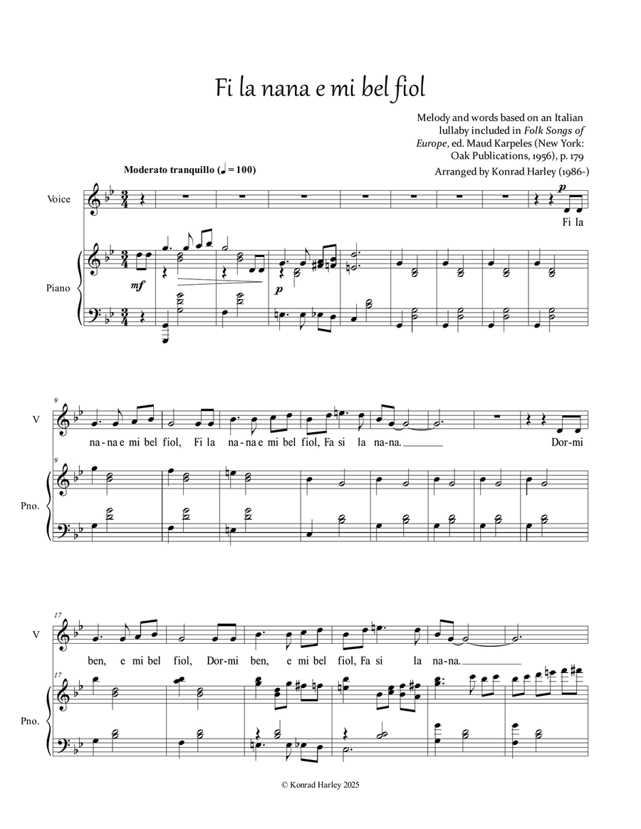 Fi la nana (Italian Lullaby) Piano, Vocal scores gallery preview page 1