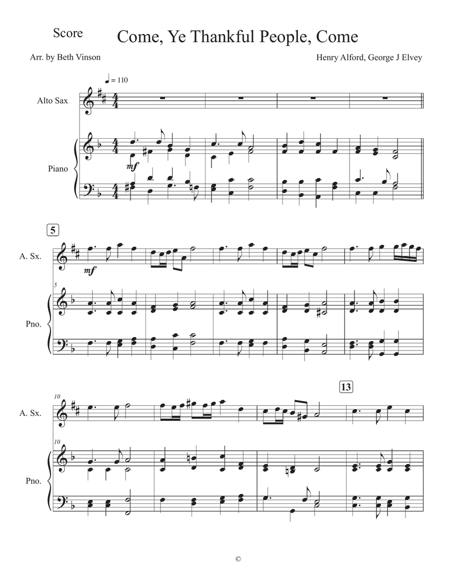 Come, Ye Thankful People, Come Alto Saxophone scores gallery preview page 1