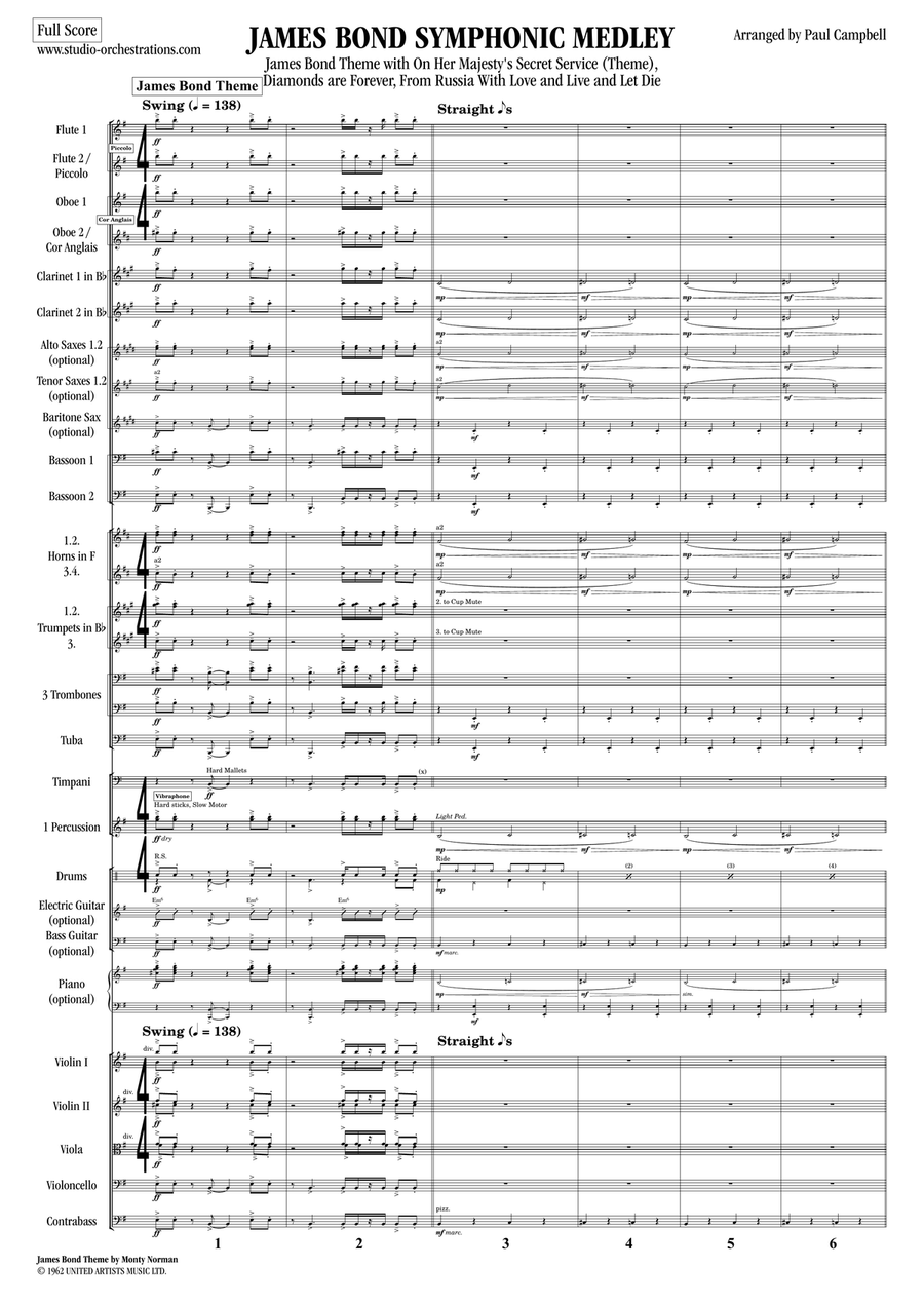 Medley: James Bond Theme with On Her Majesty's Secret Service - Theme, Diamonds Are Forever, From... Full Orchestra scores gallery preview page 1
