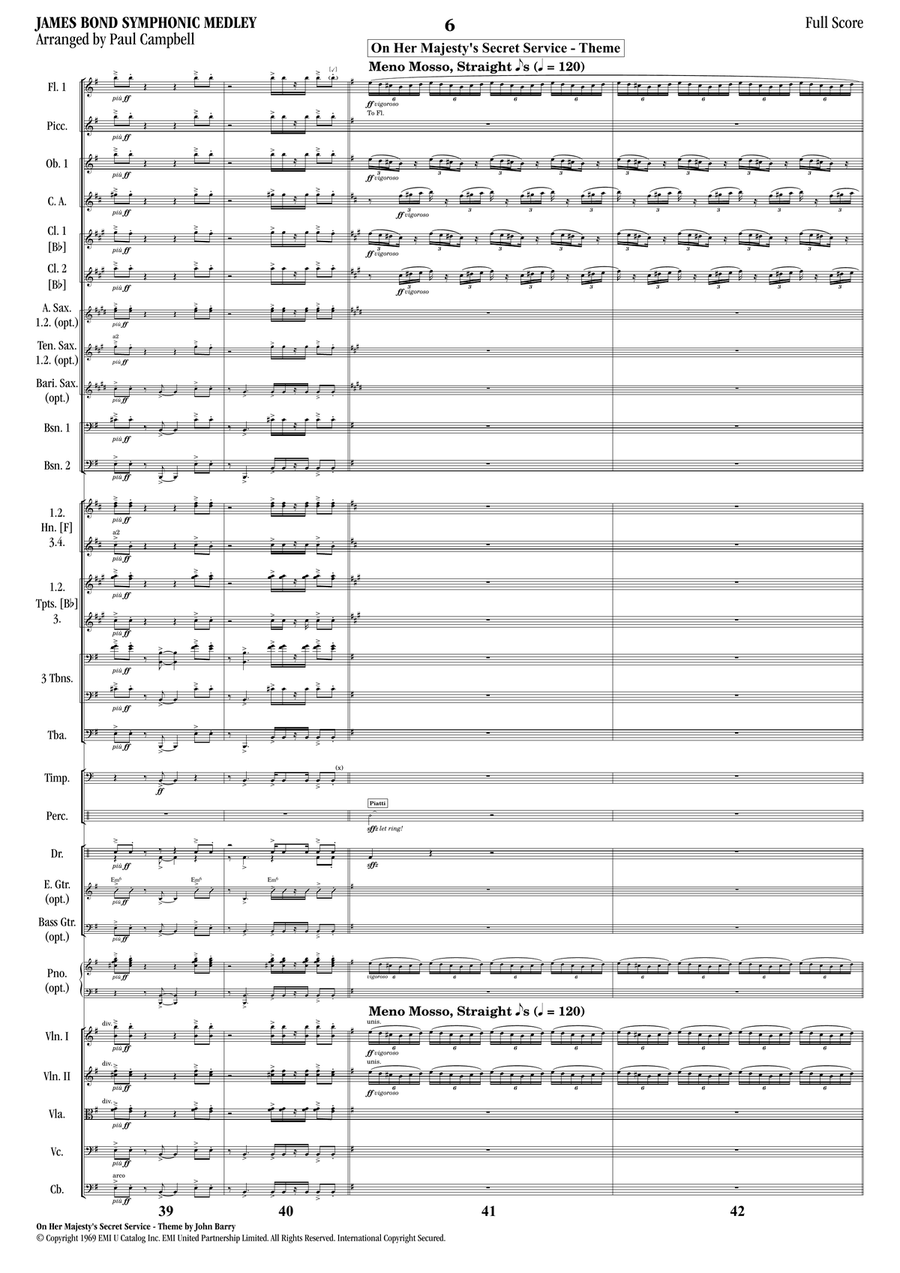 Medley: James Bond Theme with On Her Majesty's Secret Service - Theme, Diamonds Are Forever, From... Full Orchestra scores gallery preview page 6
