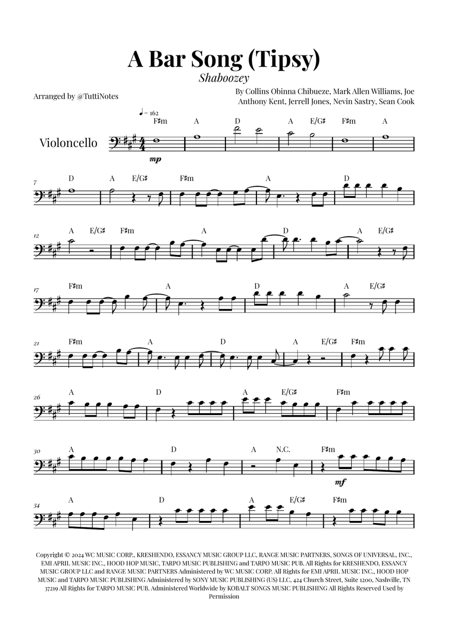 A Bar Song (Tipsy) Cello Solo scores gallery preview page 1