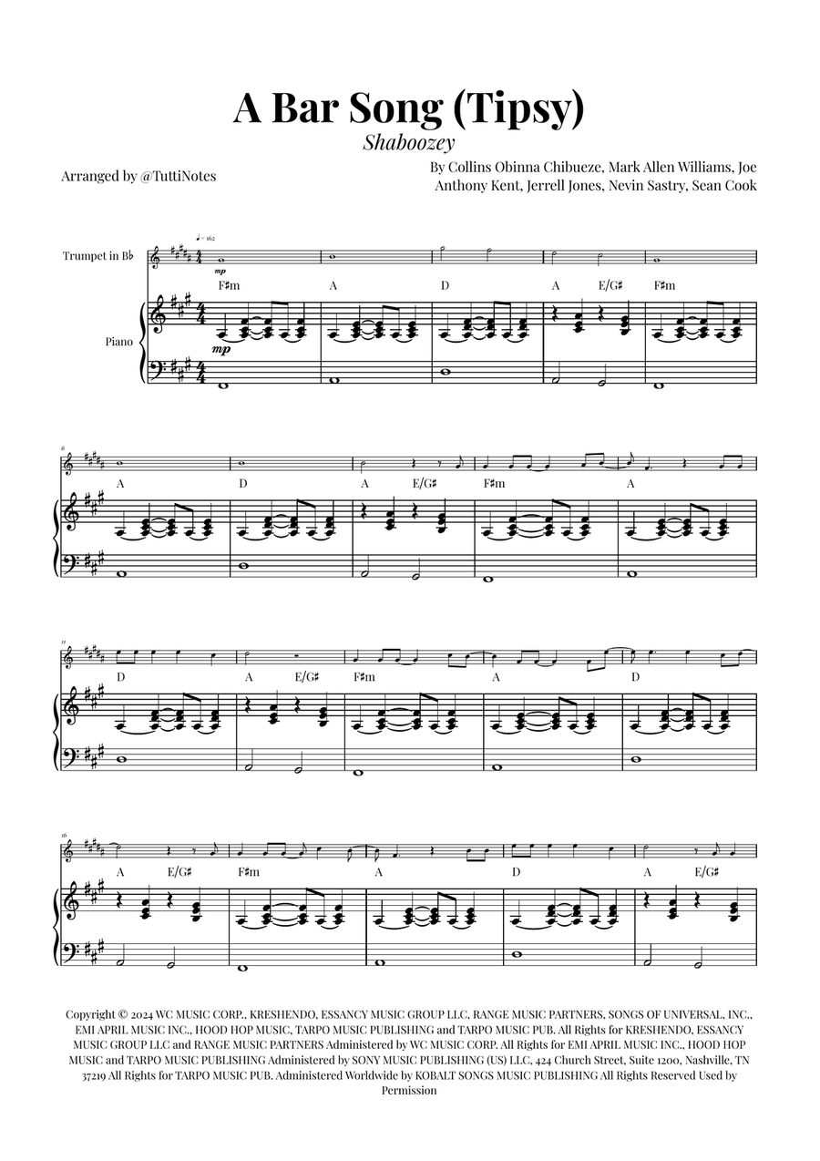 A Bar Song (Tipsy) B-Flat Trumpet scores gallery preview page 1