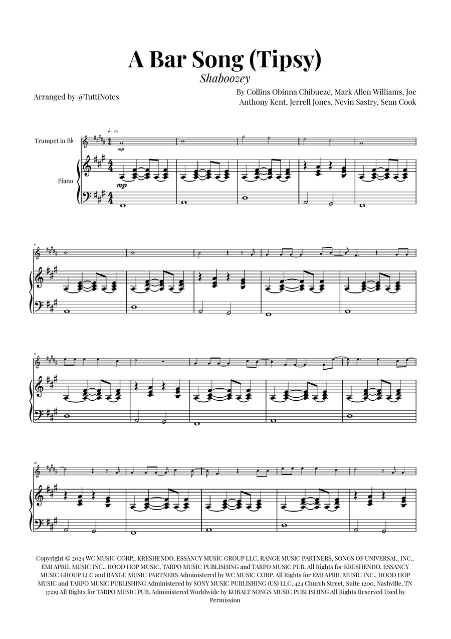 A Bar Song (Tipsy) B-Flat Trumpet scores gallery preview page 1