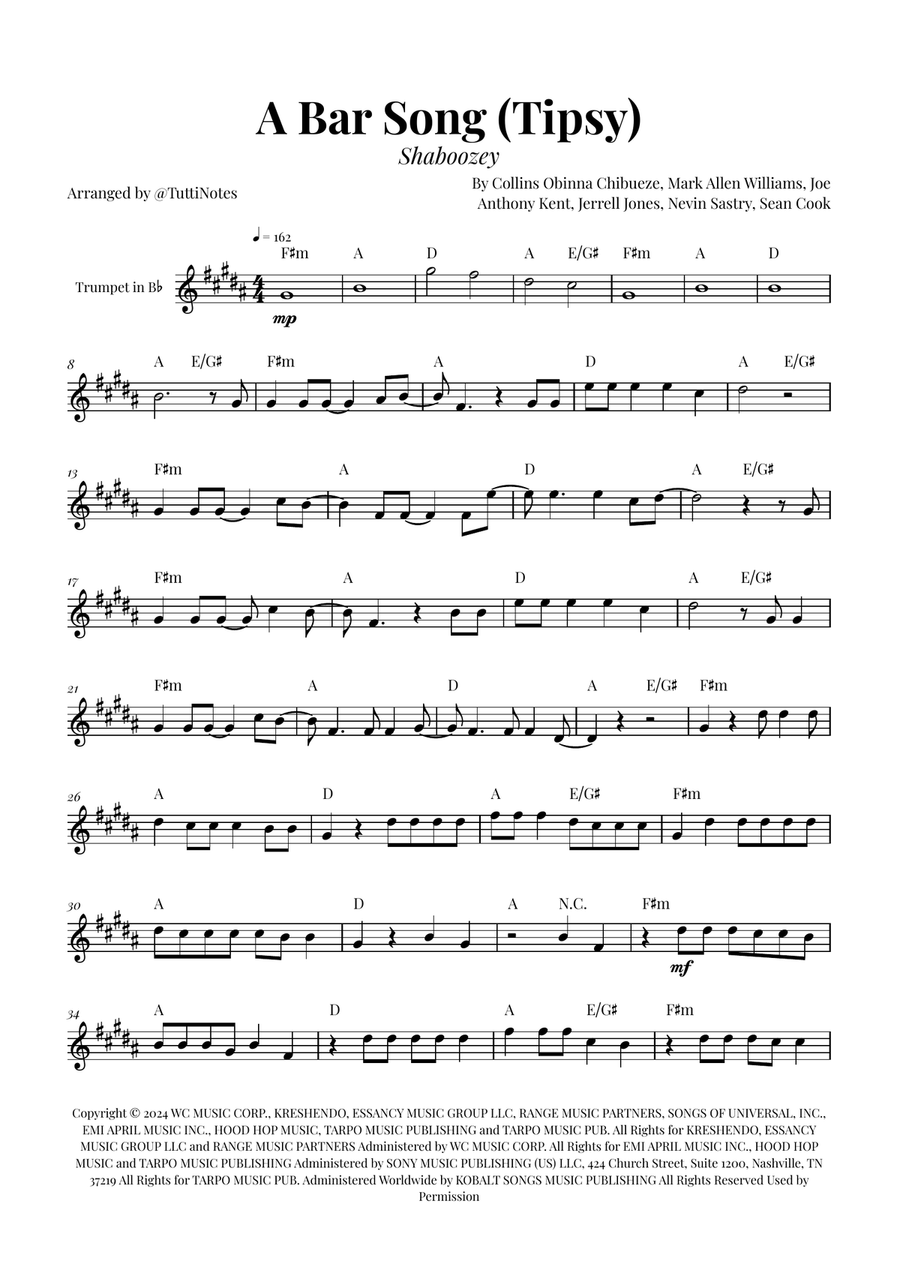 A Bar Song (Tipsy) B-Flat Trumpet scores gallery preview page 1