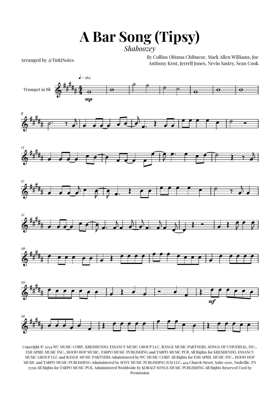 A Bar Song (Tipsy) B-Flat Trumpet scores gallery preview page 1