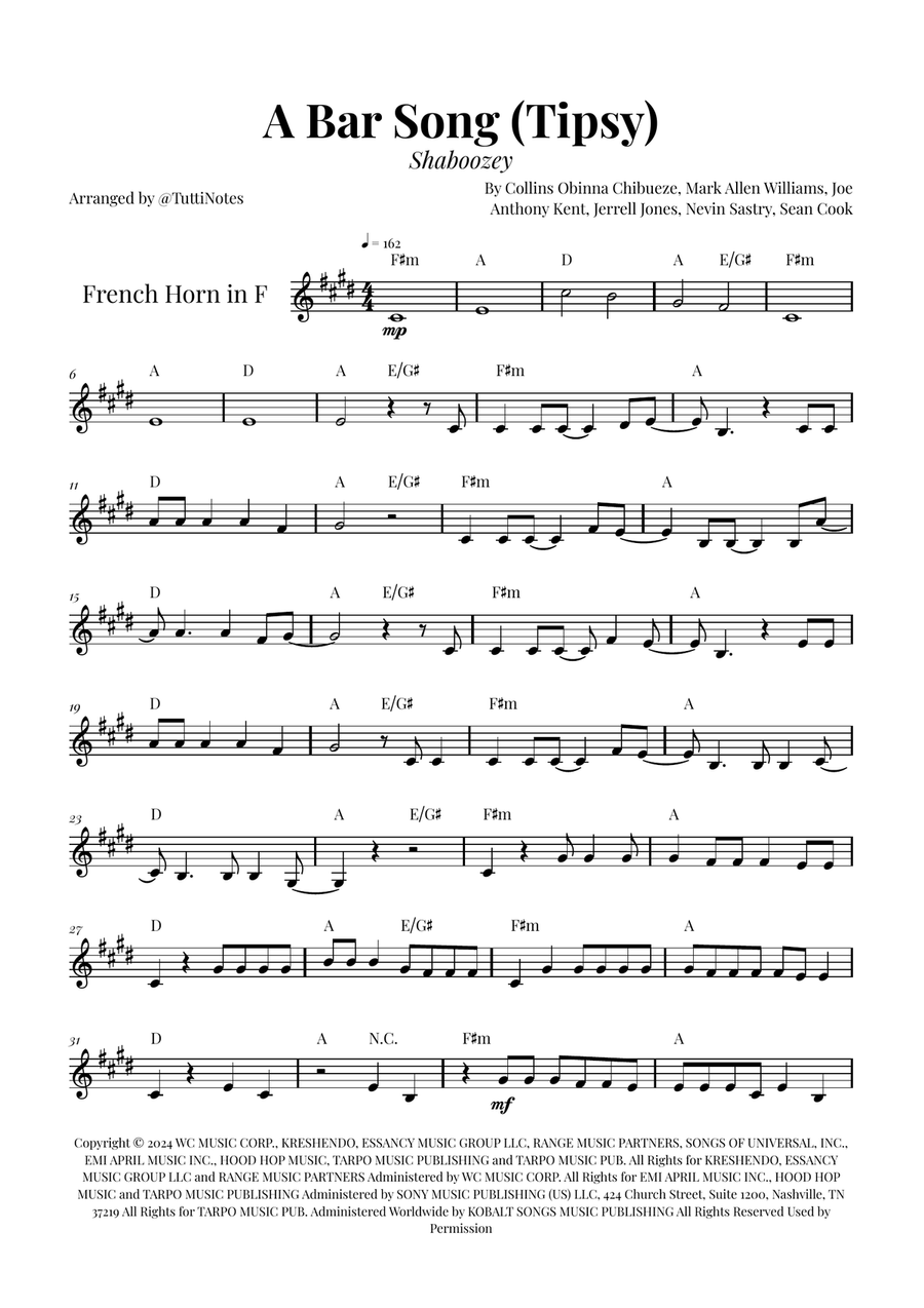 A Bar Song (Tipsy) Horn Solo scores gallery preview page 1