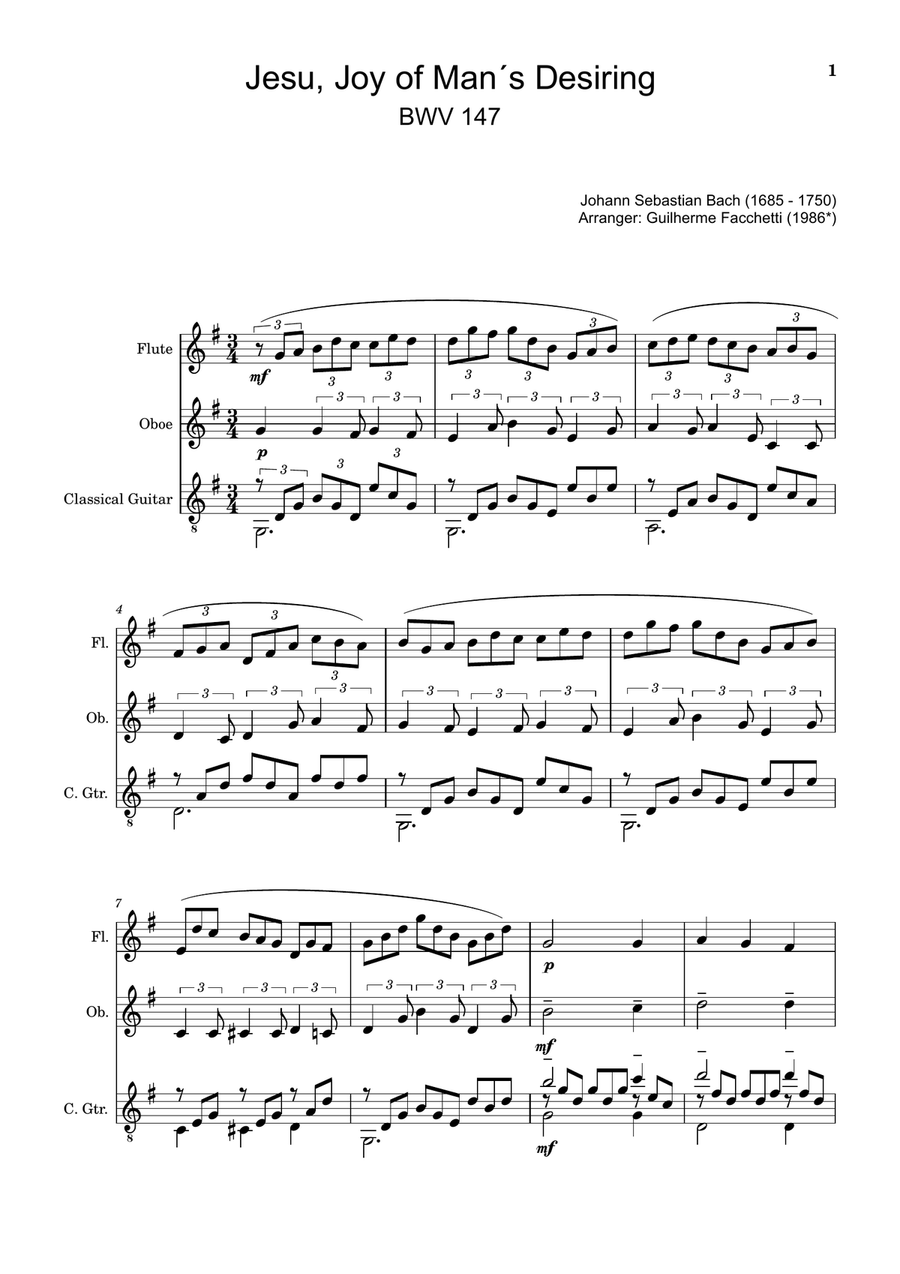 Jesu, Joy of Man´s Desiring. Flute, Oboe, Guitar. With Parts. Small Ensemble scores gallery preview page 1